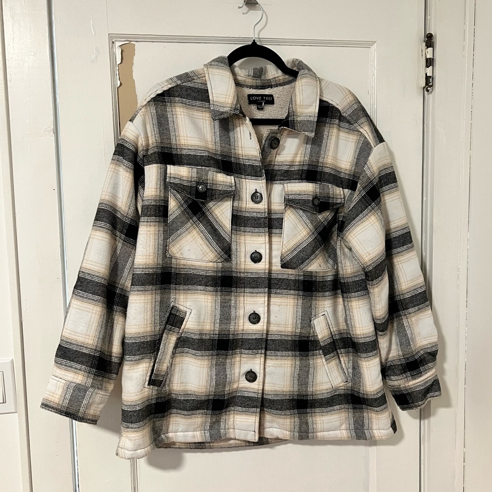 Love Tree Women's Cozy Soft Sherpa Coat Plaid Shacket, XL